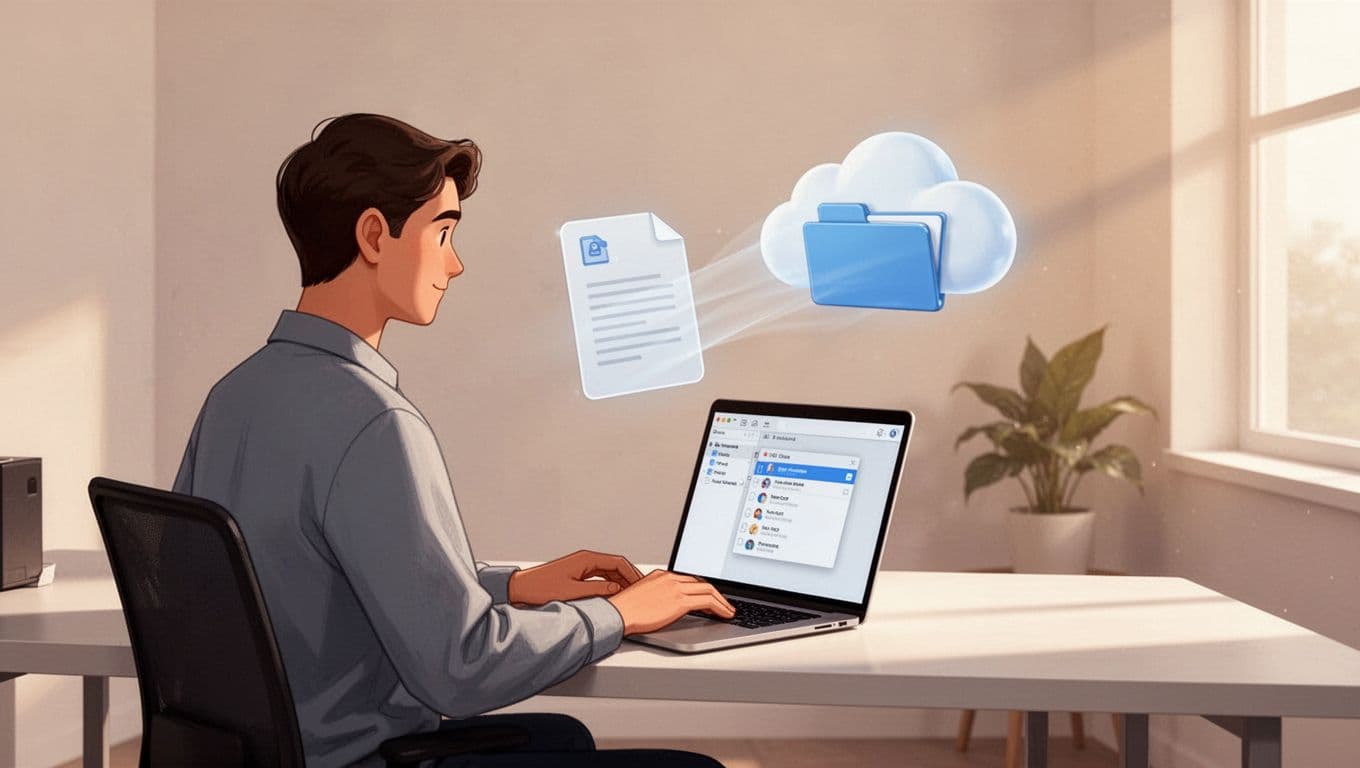 Modern illustration of a person at a desk using a laptop to export CSV contacts from Google Contacts, with a file icon transferring to a shared drive icon against a simple office background and warm lighting.