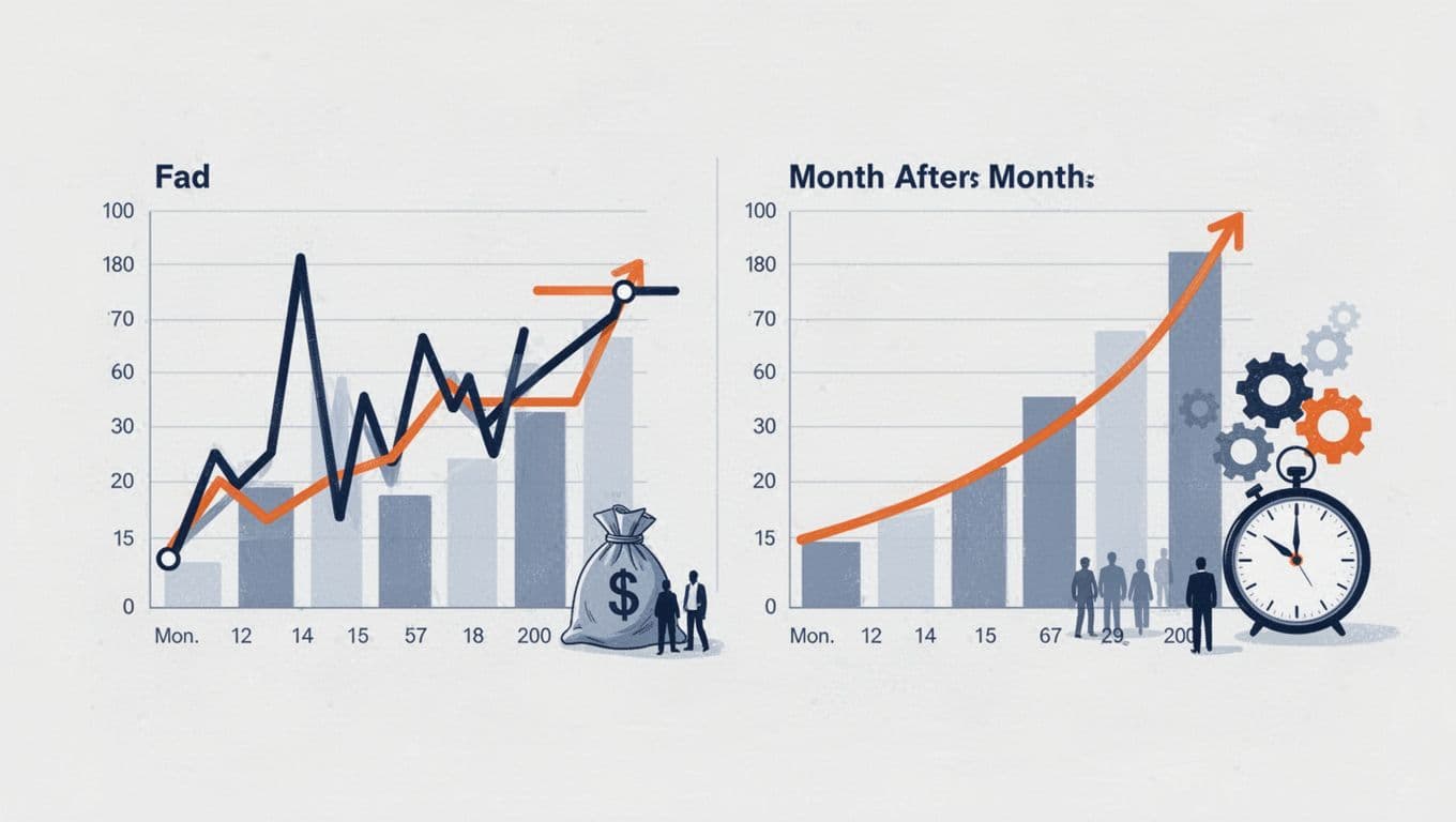 Modern illustration contrasting a sharp-spiking fad trend chart that flattens on the left with a steady upward durable growth chart on the right, featuring money bag, people group, gears, and clock icons on a plain background.