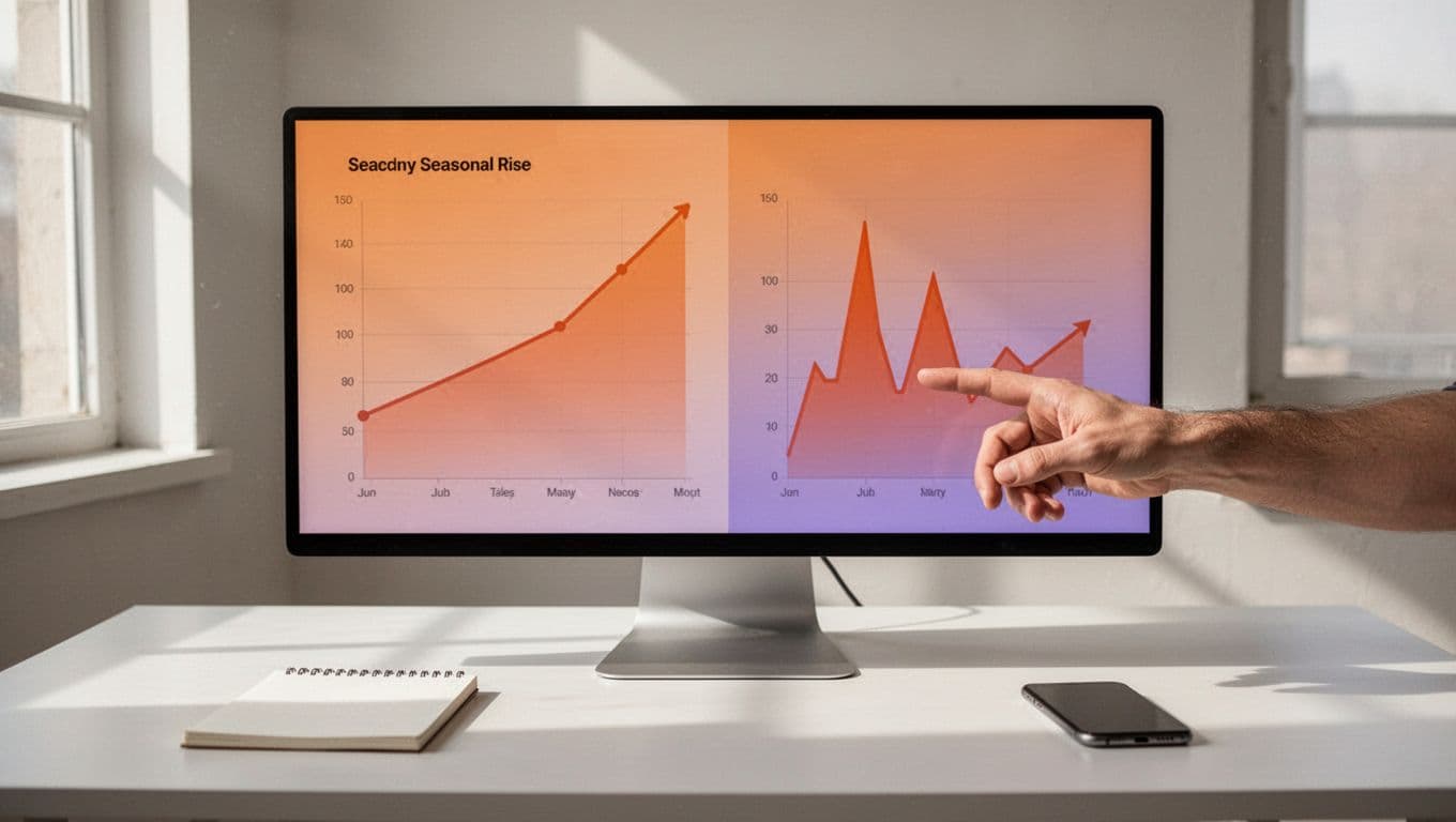 Modern illustration on split screen comparing steady seasonal product trend rise to sharp fad spike and drop, with hand pointing at charts on desk setup.