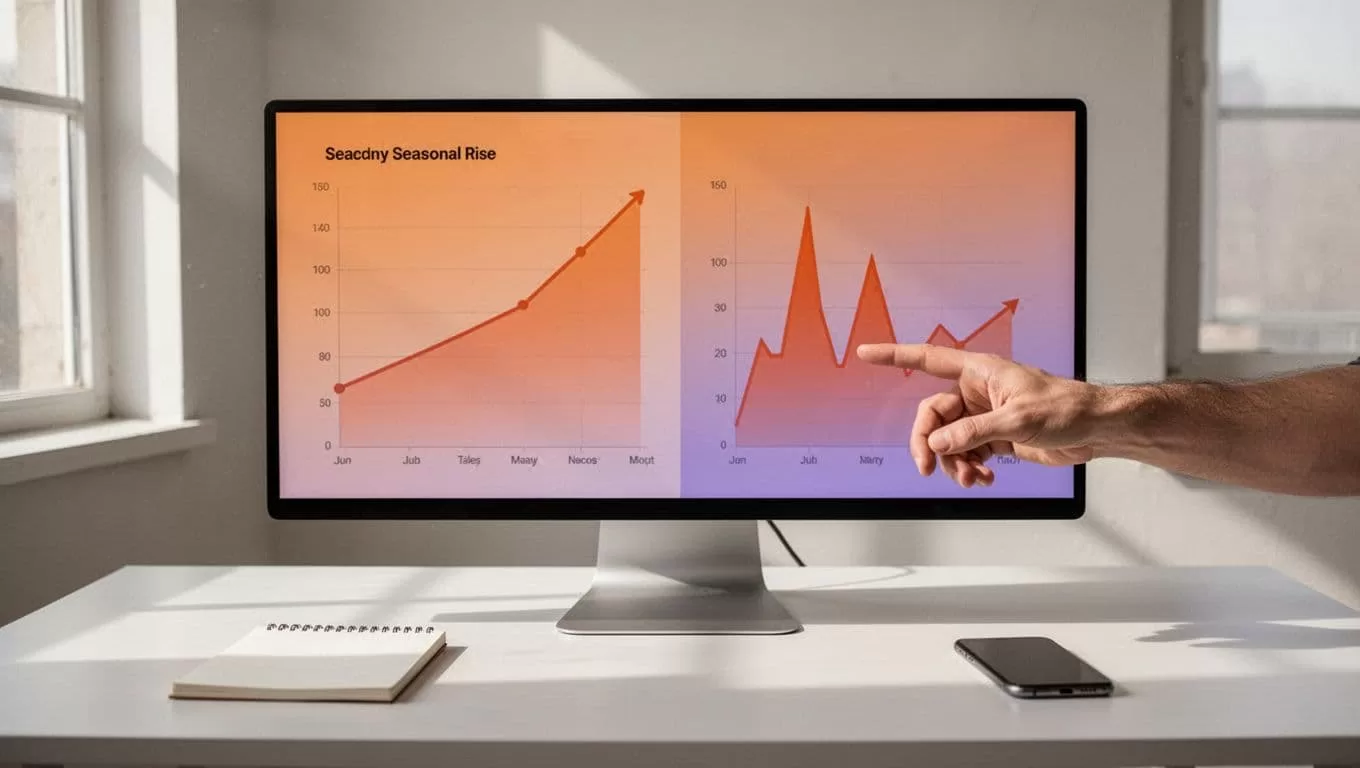 Modern illustration on split screen comparing steady seasonal product trend rise to sharp fad spike and drop, with hand pointing at charts on desk setup.