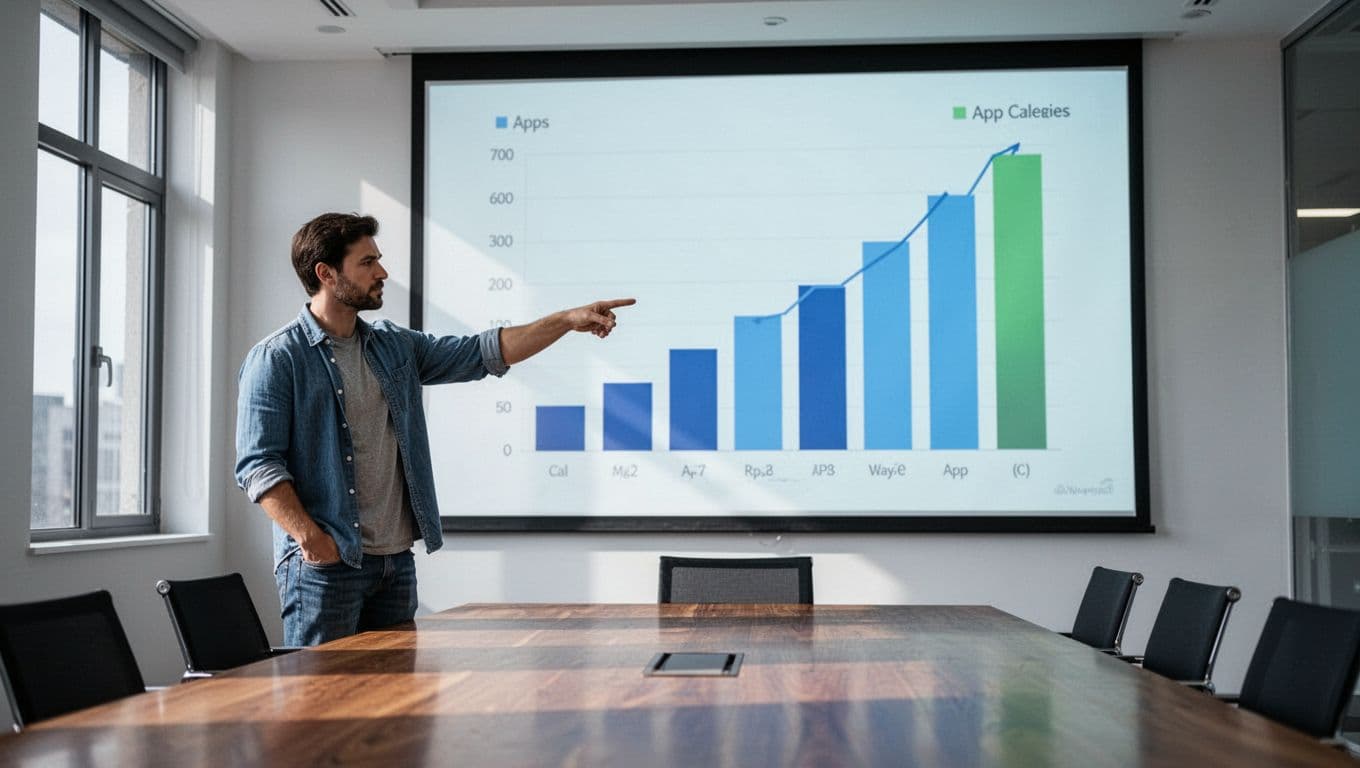 Modern illustration depicting charts comparing growth rates of app categories like cybersecurity versus social apps, with sharply rising bar graphs projected on a screen in a simple conference room. A single analyst points relaxedly with soft lighting, clean shapes in blues and greens.