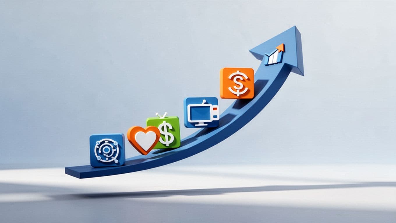 Stylized icons representing AI, health, finance, productivity, creator, and B2B app categories arranged in an upward curving growth arrow on a subtle gradient background.