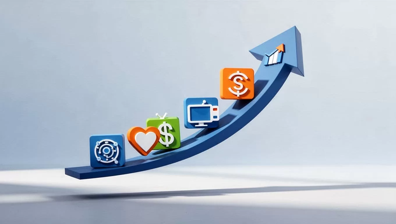 Stylized icons representing AI, health, finance, productivity, creator, and B2B app categories arranged in an upward curving growth arrow on a subtle gradient background.