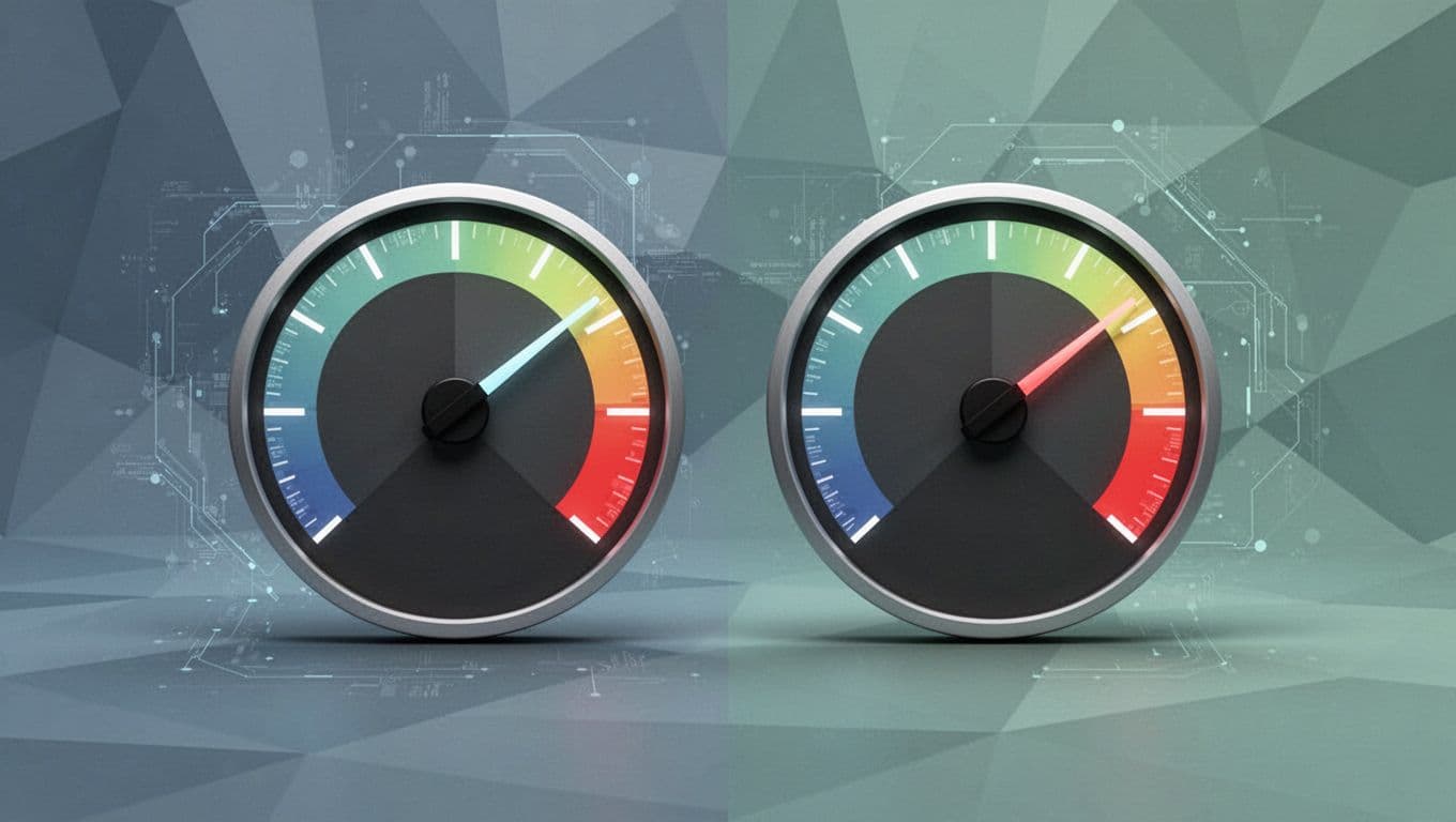 Modern illustration featuring a speedometer graphic highlighting ultra-fast load times under 100ms for a lightweight AB testing script versus slow competitors, with smooth website elements loading on an abstract tech background.