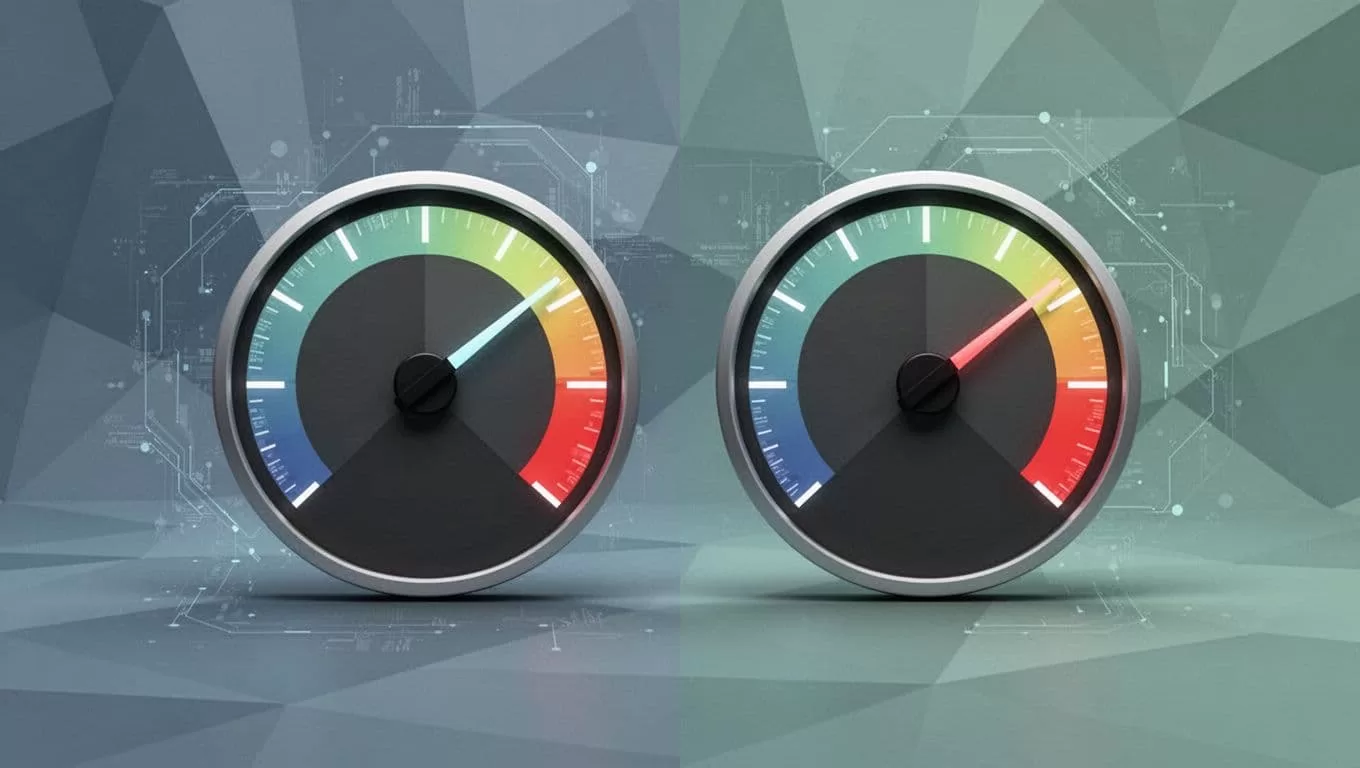 Modern illustration featuring a speedometer graphic highlighting ultra-fast load times under 100ms for a lightweight AB testing script versus slow competitors, with smooth website elements loading on an abstract tech background.