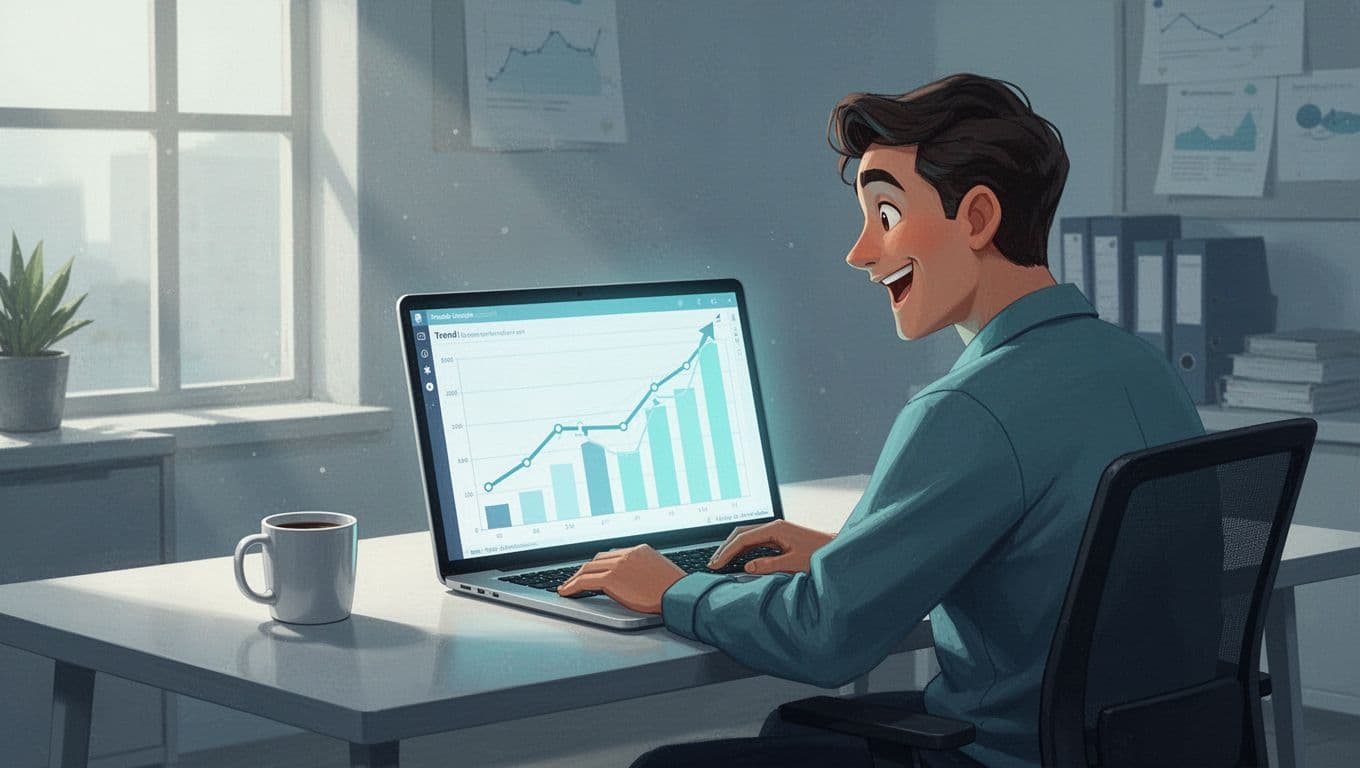 Modern illustration of a person at a desk analyzing trend graphs on a laptop screen showing rising charts for finance apps, in a clean office with coffee mug, focused on excited expression and blue-green palette.