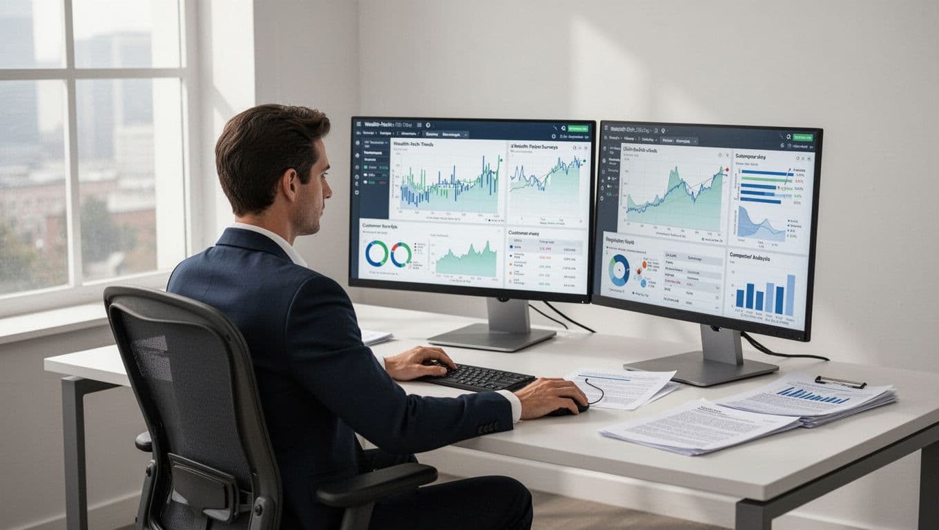 A modern illustration of a fintech professional in an office cross-checking wealth tech trend data against customer surveys, regulatory documents, and competitor analysis on dual monitors.