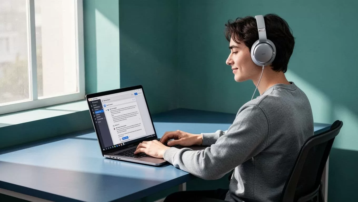 Modern side-angle illustration of a single person at a desk, working on a laptop open to a webpage while wearing wireless headphones and listening relaxedly, conveying focus and calm in a multitasking environment with clean shapes and a blue-green palette.