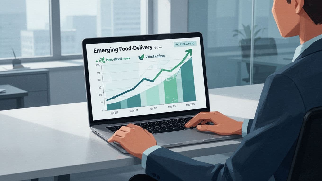 Modern illustration of a laptop dashboard screen with rising trend graphs for food delivery niches like vegan meals and ghost kitchens, on a clean desk with one person's hands resting nearby under soft office lighting.