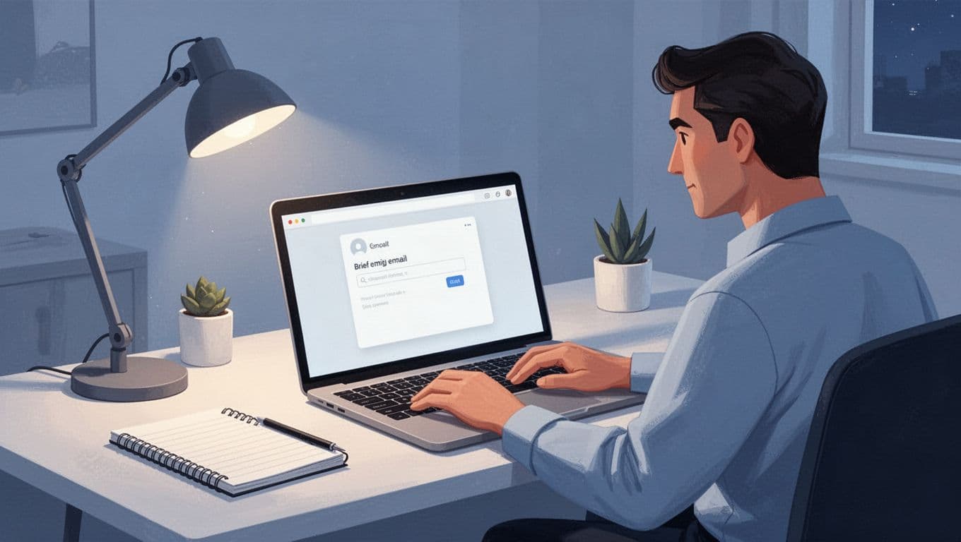 Modern illustration in clean blues and whites showing a focused founder typing a short personalized cold email on a laptop in a cozy home office with desk lamp and notebook, soft evening lighting.