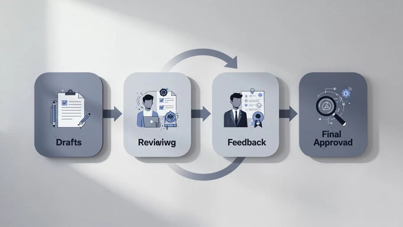 Clean flowchart illustrating a document approval workflow with four stages: draft creation, internal review, client feedback, and final approval. Simple icons connected by arrows in a modern blue-gray palette with clean shapes and strong composition.