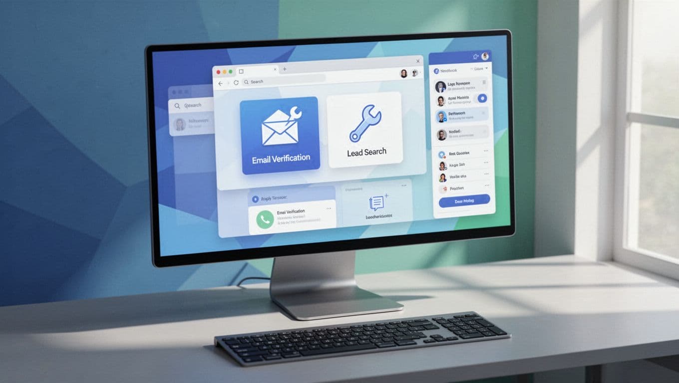 Modern illustration featuring a desktop screen with browser tabs for free tools like Hunter.io and Apollo.io for LinkedIn lead search and email verification, keyboard in foreground under soft lighting.