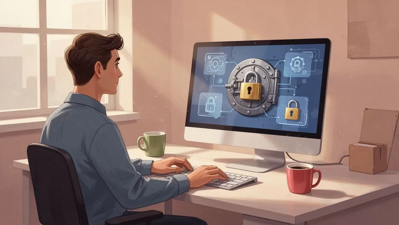 Modern illustration with clean shapes controlled color palette strong composition: solo freelance admin at desk in cozy office, computer screen shows abstract role-based permission icons for team members locks and vaults, hands relaxed on keyboard, coffee mug nearby, warm natural light, exactly one person no extra humans, no detailed UI no text no logos no watermarks.