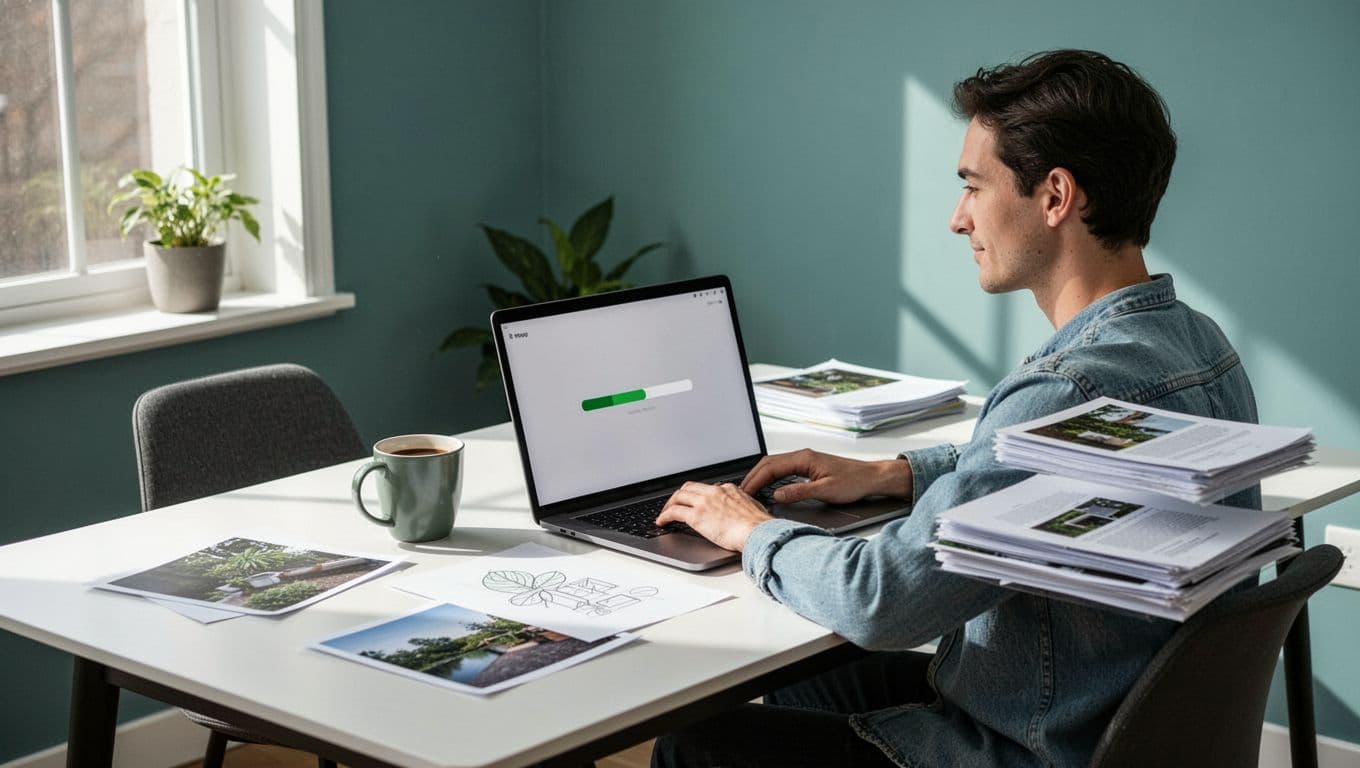 Freelance creative at modern home office desk uploads large video file to client portal on laptop, relaxed with coffee and design sketches nearby, in clean blue-green illustration style.