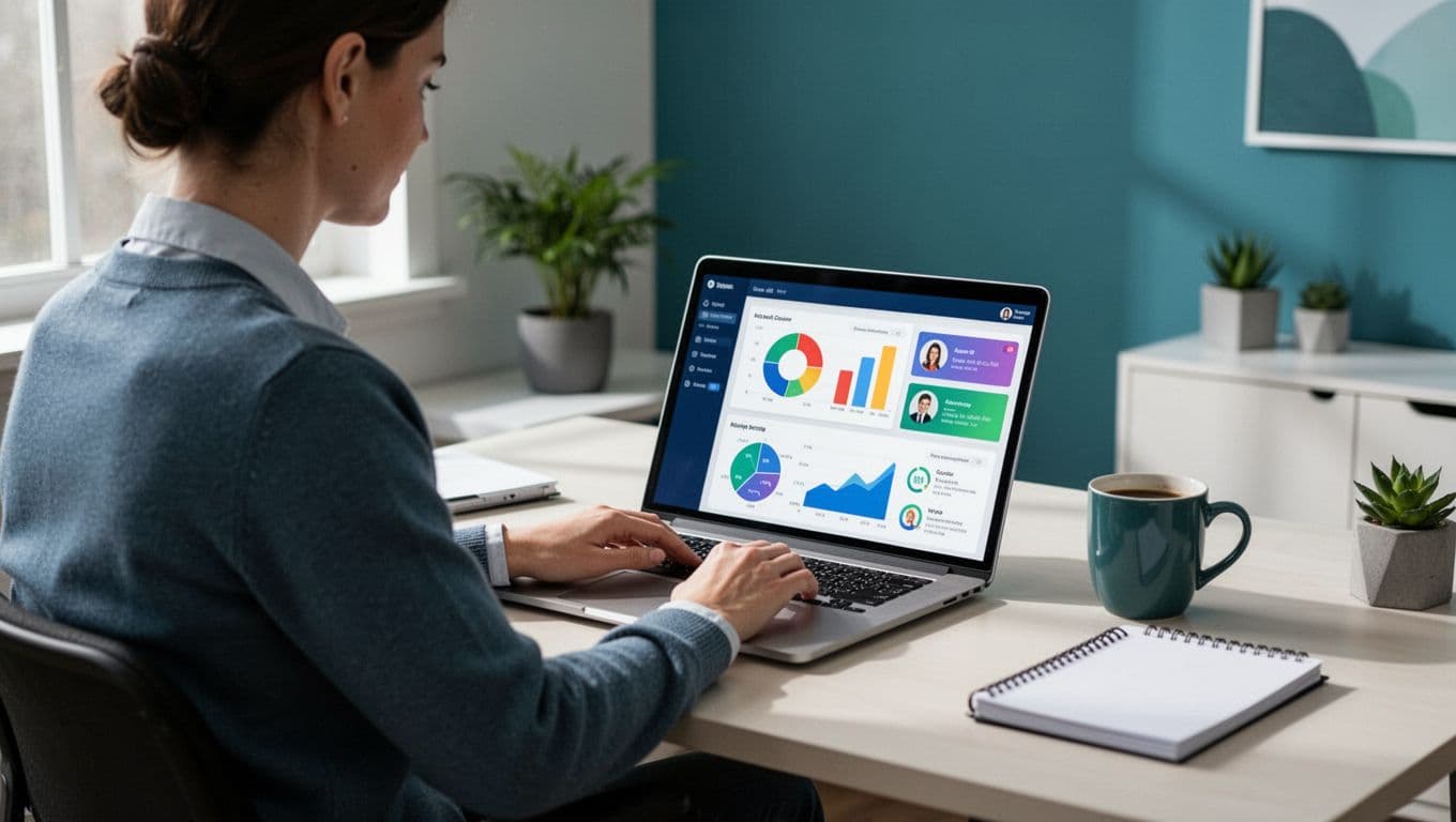 Recruiter at clean desk with laptop open to CRM dashboard showing candidate profiles, job pipelines, and client notes, coffee mug and notebook nearby.