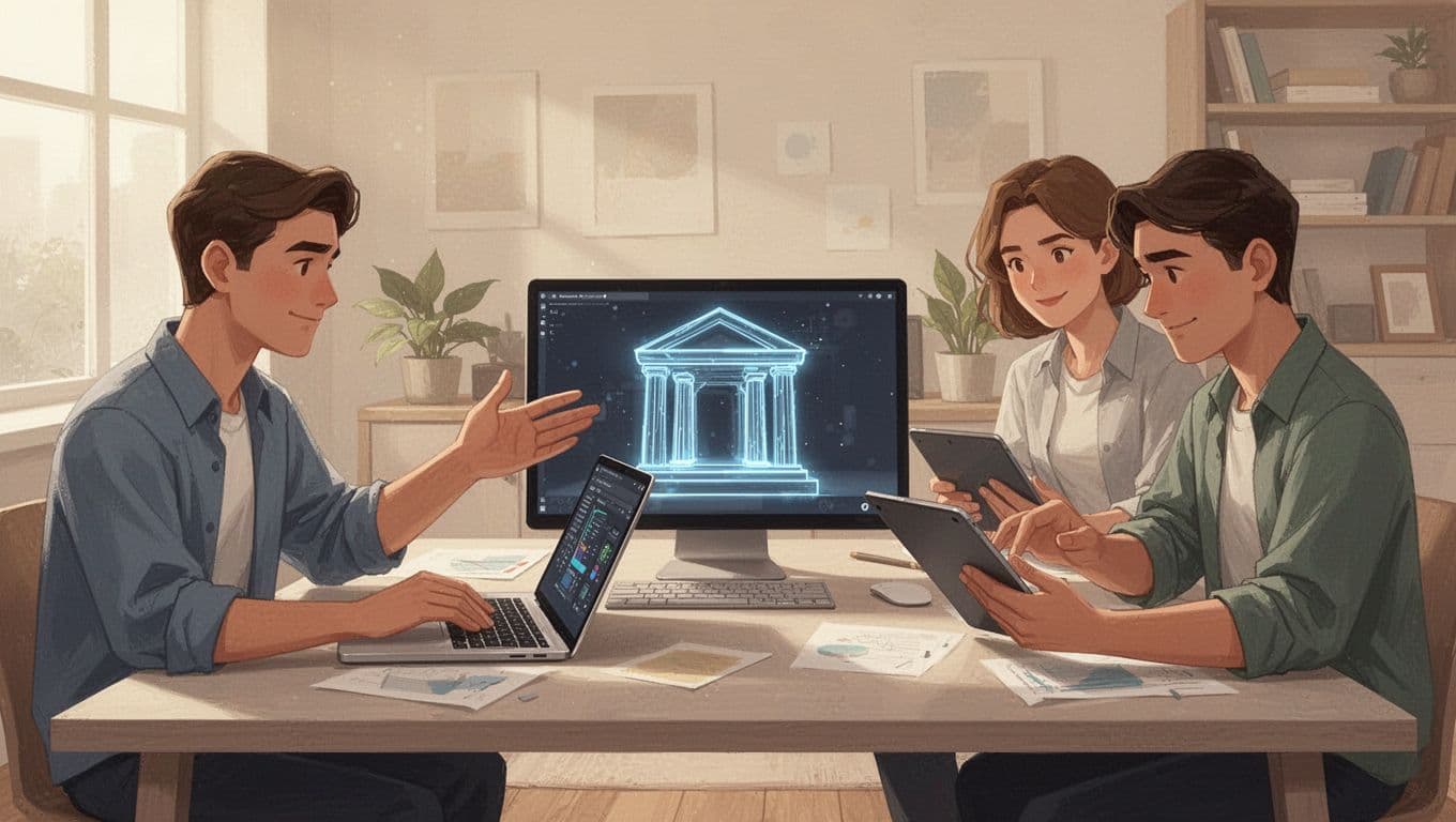 Modern illustration of a three-person freelance team in a bright home office, with one pointing to a laptop screen displaying an abstract secure vault icon, while the others check access on tablets, conveying collaboration.