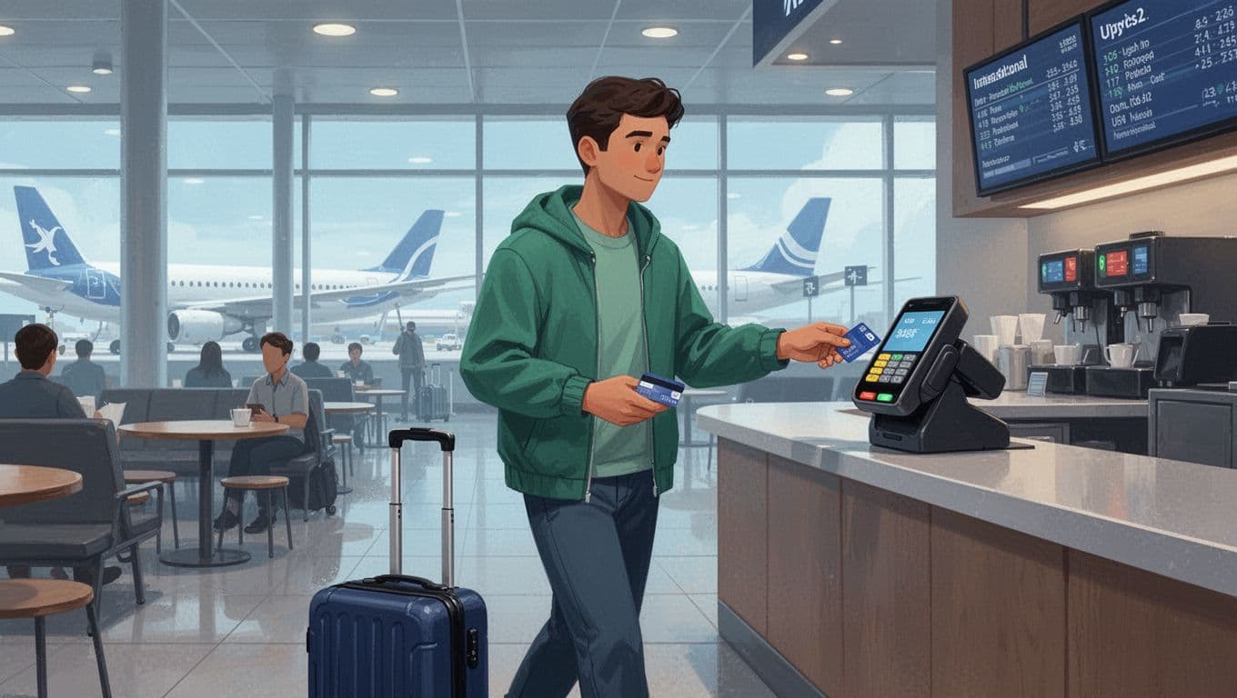 Modern illustration of a remote worker freelancer walking in an airport, holding a debit card and paying at a cafe counter via phone tap or card insert, with suitcase nearby in an international travel scene, relaxed pose, clean blues and greens.
