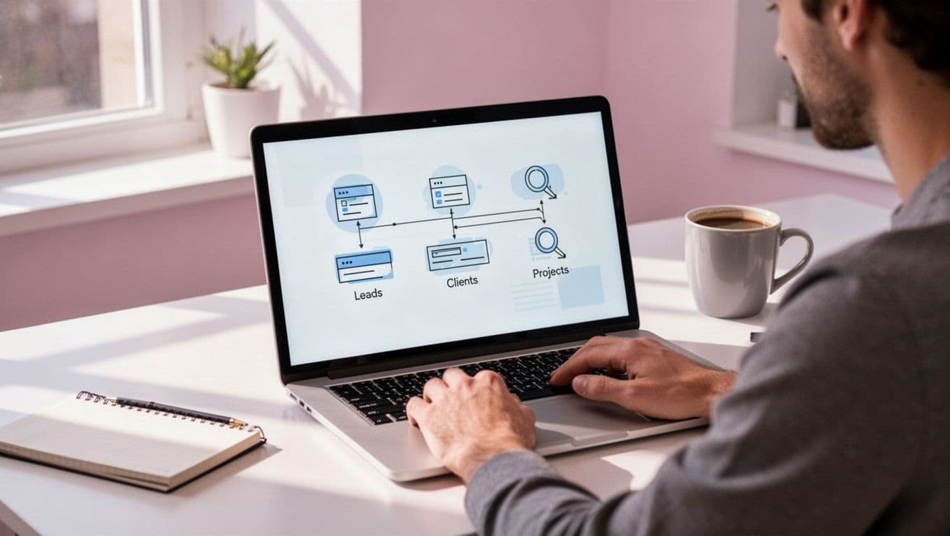 Modern illustration of a freelancer at a desk with laptop displaying Airtable interface showing linked tables for leads, clients, and projects. Clean setup with coffee mug and notebook, focused on screen in bright daylight with pastel colors.