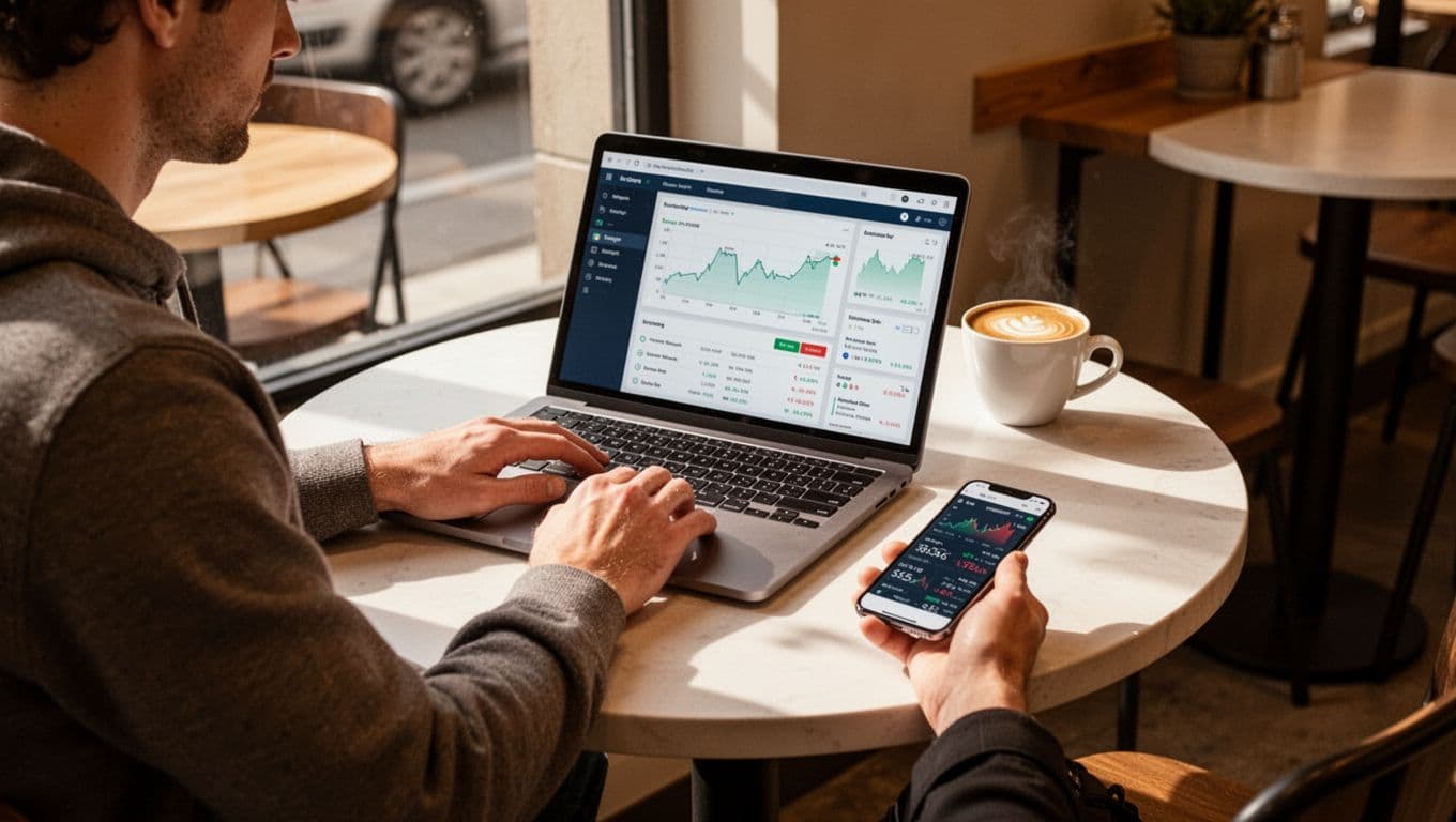 A freelancer sits at a cafe table abroad with laptop open showing payment app, coffee cup nearby, phone displaying local bank details, modern illustration style with clean shapes controlled color strong composition, warm natural light soft shadows, exactly one person no extra people, no text no logos no watermarks.