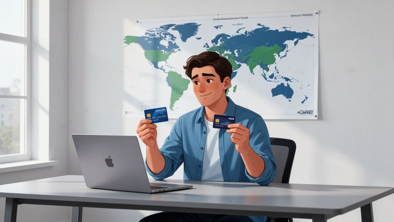 Modern illustration of a freelancer at a modern desk with open laptop, thoughtfully holding and comparing a Wise debit card and a traditional bank debit card, in a simple office with world map poster, blues and greens palette.