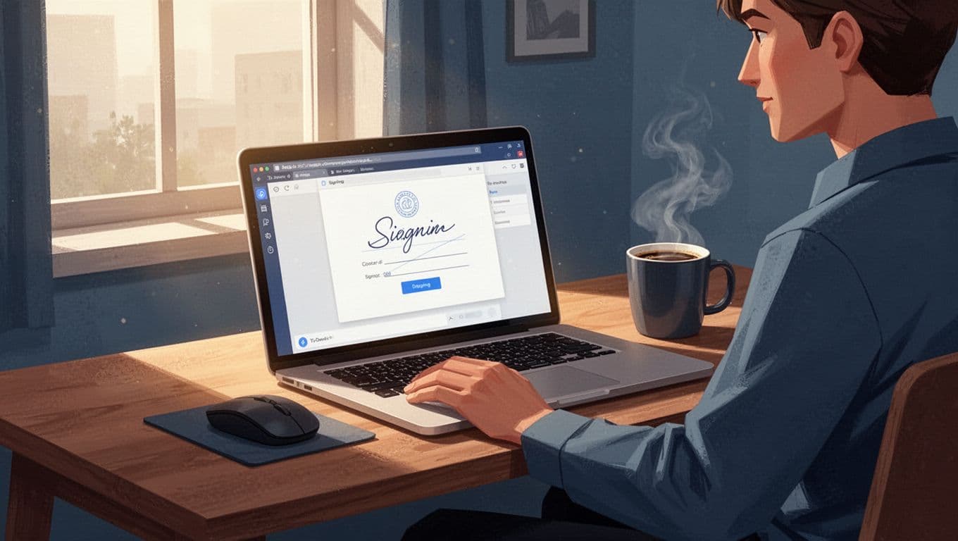 A solo freelancer sits relaxed at a cozy home desk with laptop open to e-signature interface, coffee nearby, natural light from window.