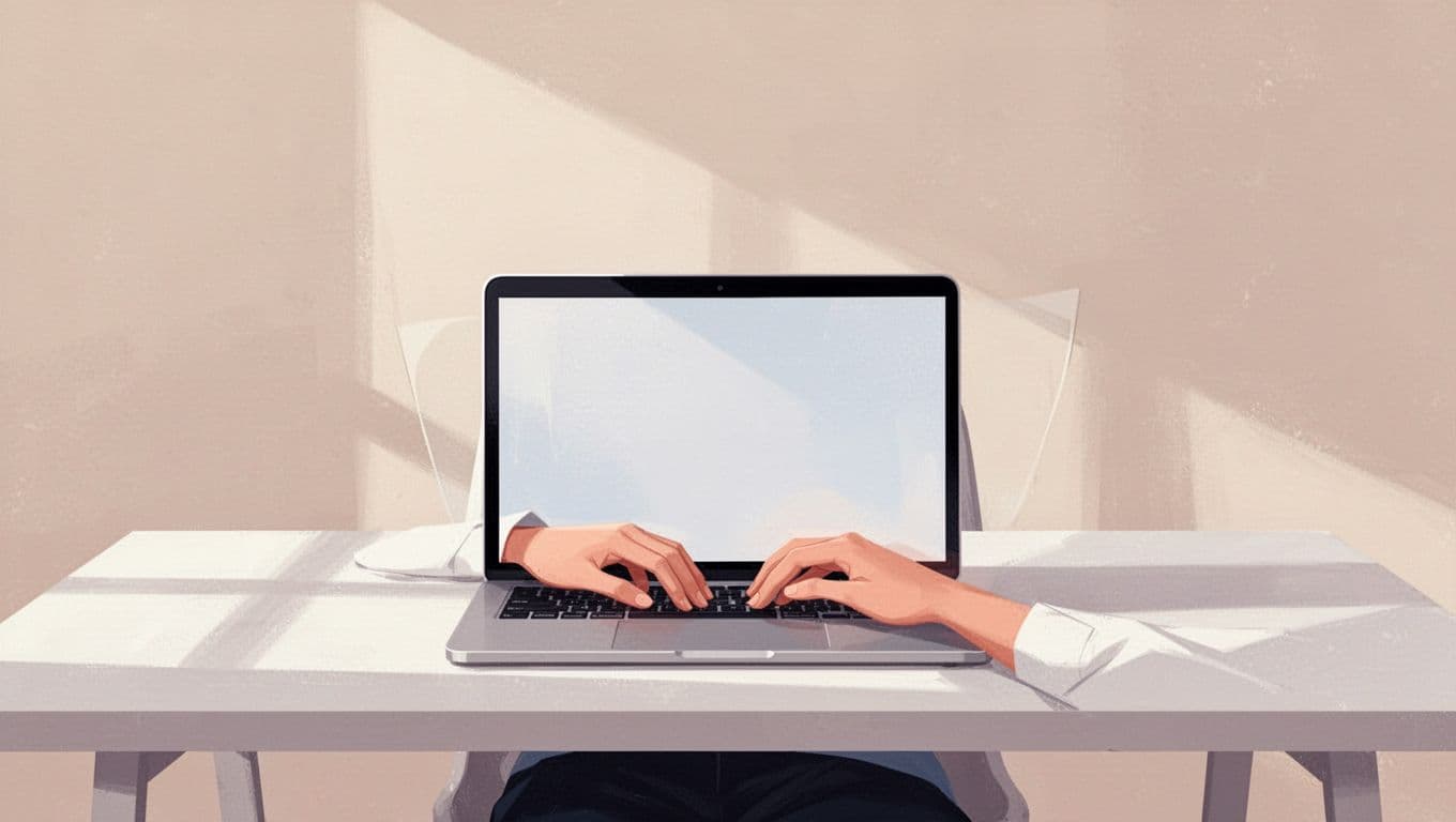 Modern illustration of a freelancer at a desk filling out a simple client intake form on a laptop screen, with clean shapes and neutral background.