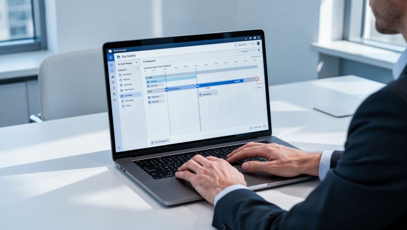 Clean modern illustration of a freelancer at a desk with laptop showing expanded Google Drive version history timeline in file details panel, cool blue and white palette.