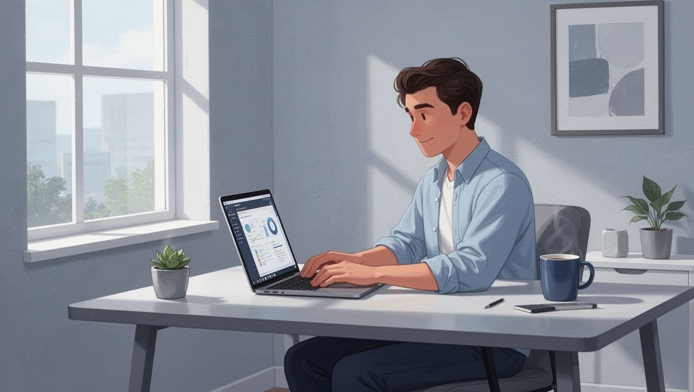 Modern illustration of a solo freelancer sitting at a modern desk in a bright home office, typing on a laptop open to the Hunter.io dashboard showing domain search interface, with a coffee mug nearby and natural light, capturing a productive workflow atmosphere.