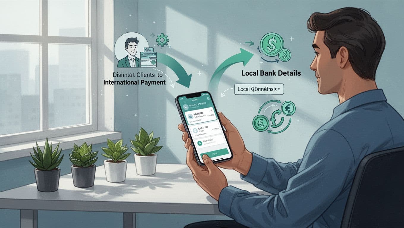 Modern illustration of a freelancer receiving international payment via phone app, with workflow arrows from overseas client to local bank, currency conversion icons, and a plant-adorned desk.