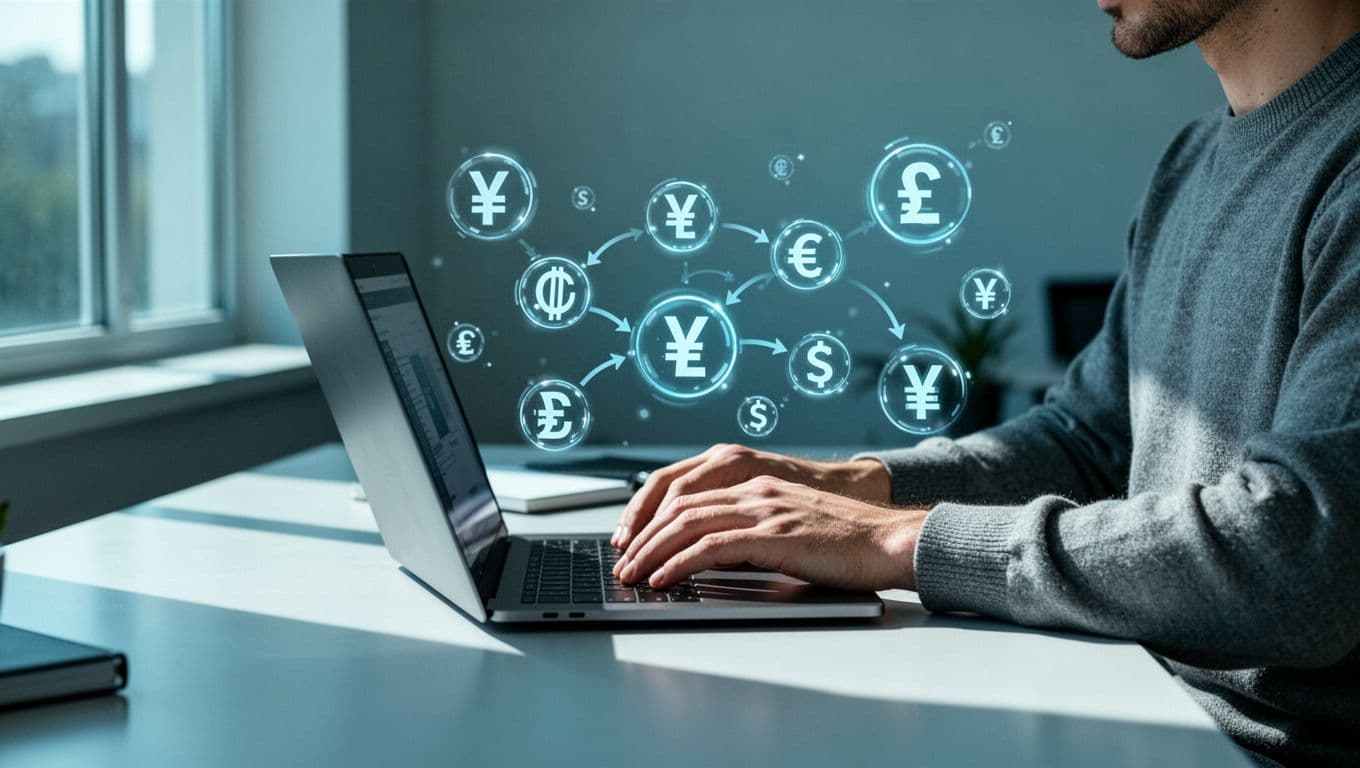 Modern illustration of a freelancer at a desk with laptop surrounded by floating international currency transfer icons, in a clean blue and green palette.