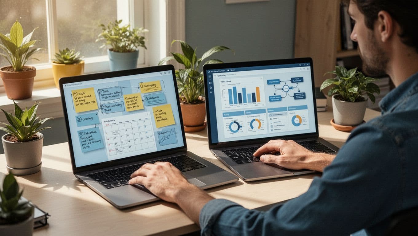 A freelancer thoughtfully reviews two laptops side by side in a home office: the left screen displays Notion's flexible workspace with embedded notes, tasks, and calendar; the right shows Airtable's structured database grid with charts and links.