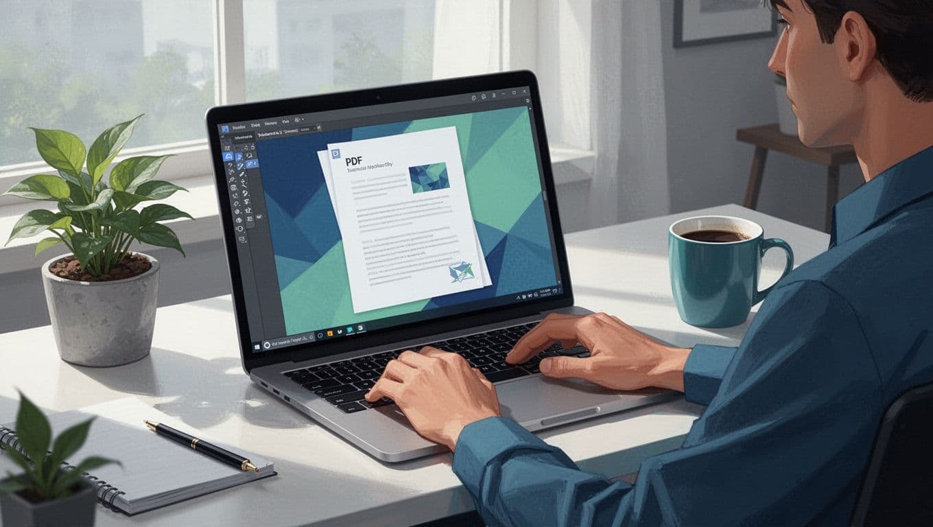 A freelancer at a desk in a modern home office edits a PDF document on a laptop, with plants and a coffee mug nearby, in a clean illustration style using blues and greens.