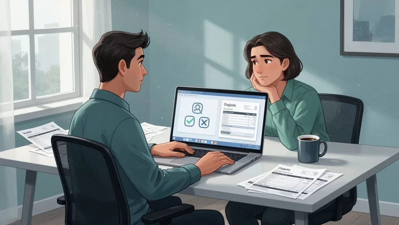 A thoughtful freelancer at a modern home office desk views personal and business account options side-by-side on an open laptop, surrounded by invoice papers and a coffee mug, in a clean illustrative style with cool blue-green tones and natural lighting.