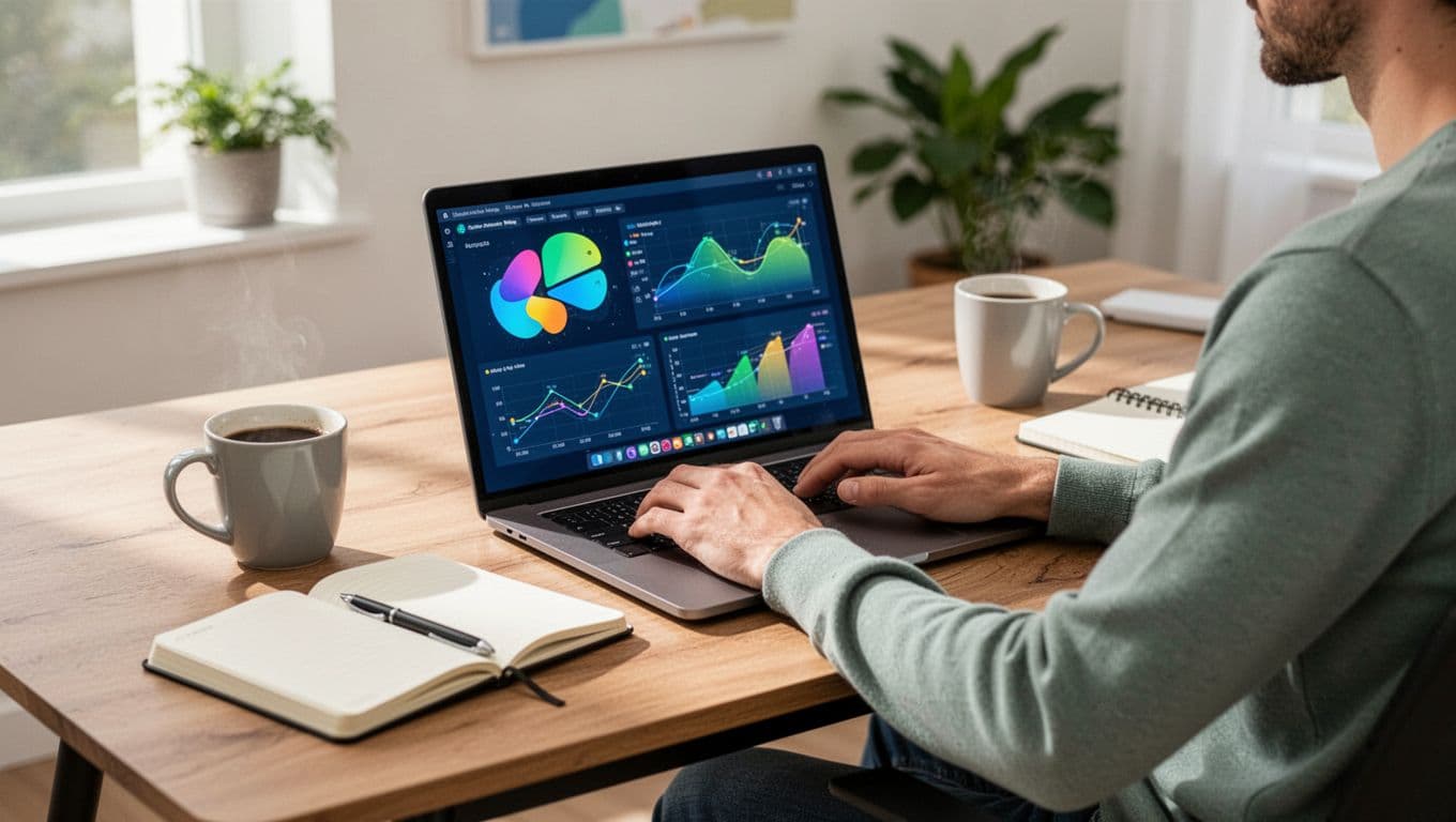 A freelancer sits at a modern wooden desk in a bright home office, typing on a laptop displaying a colorful project dashboard with task cards and timelines, coffee mug and notebook nearby.