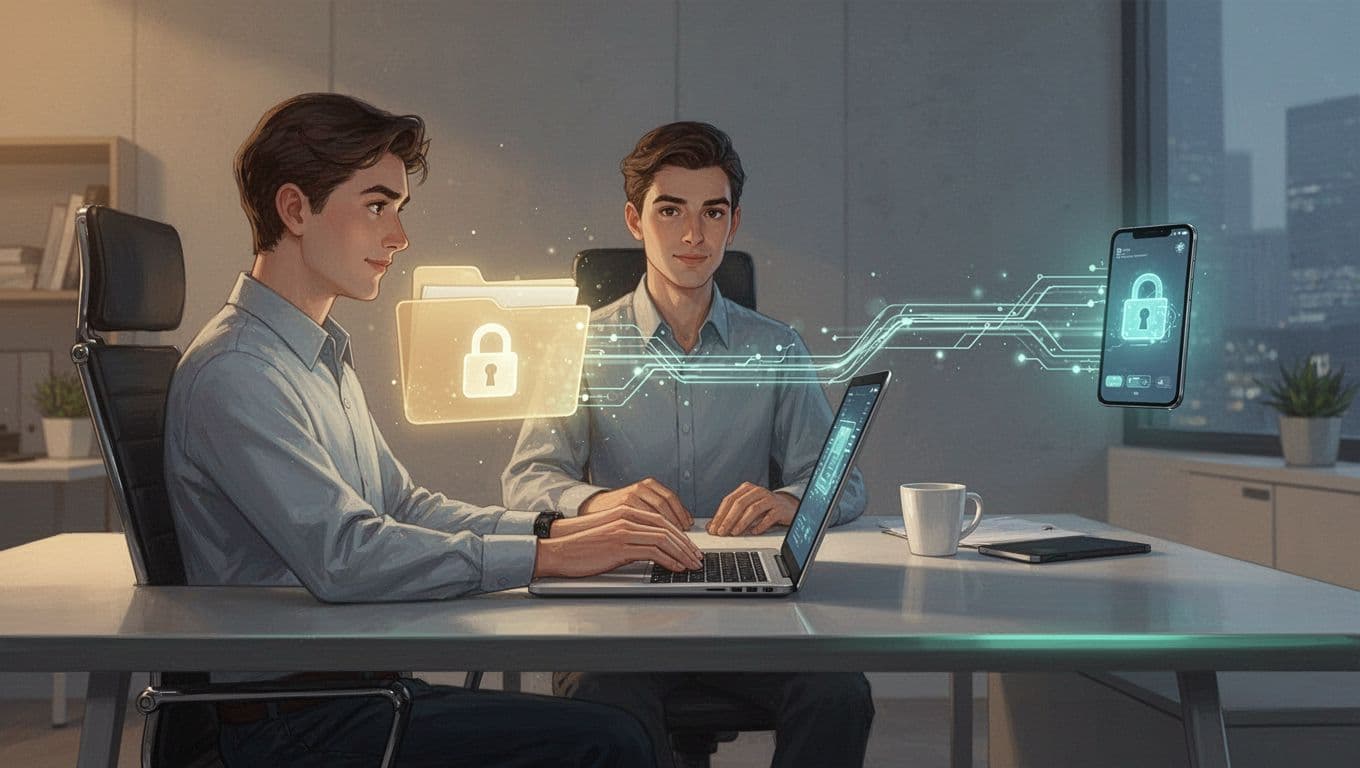Freelancer at modern desk with laptop shares glowing locked folder across digital bridge to client device, illustrating safe file transfer in warm office lighting and cool blue-green palette.