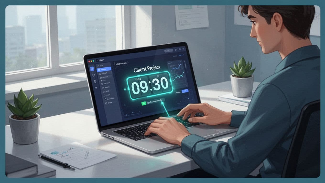 Modern illustration of a freelancer at a desk starting a Toggl Track timer on a laptop for client project work, clean shapes, controlled blue and green colors, strong composition with focus on timer interface slightly angled, one person, natural lighting, no text, no logos, no extra people or devices. Desktop app open.