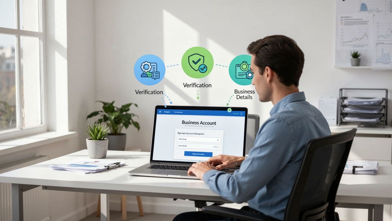 Modern illustration of a freelancer at a desk on a laptop setting up a Wise Business account, displaying step-by-step icons for sign-up, verification, and adding business details in a clean office with blues and greens.