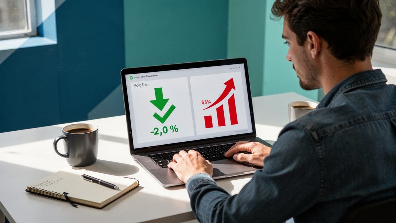 Modern illustration of a freelancer at a sunny desk with laptop showing side-by-side fee charts: Wise low fees with green down arrows on left, PayPal higher fees with red up arrows on right, coffee mug and notebook nearby.