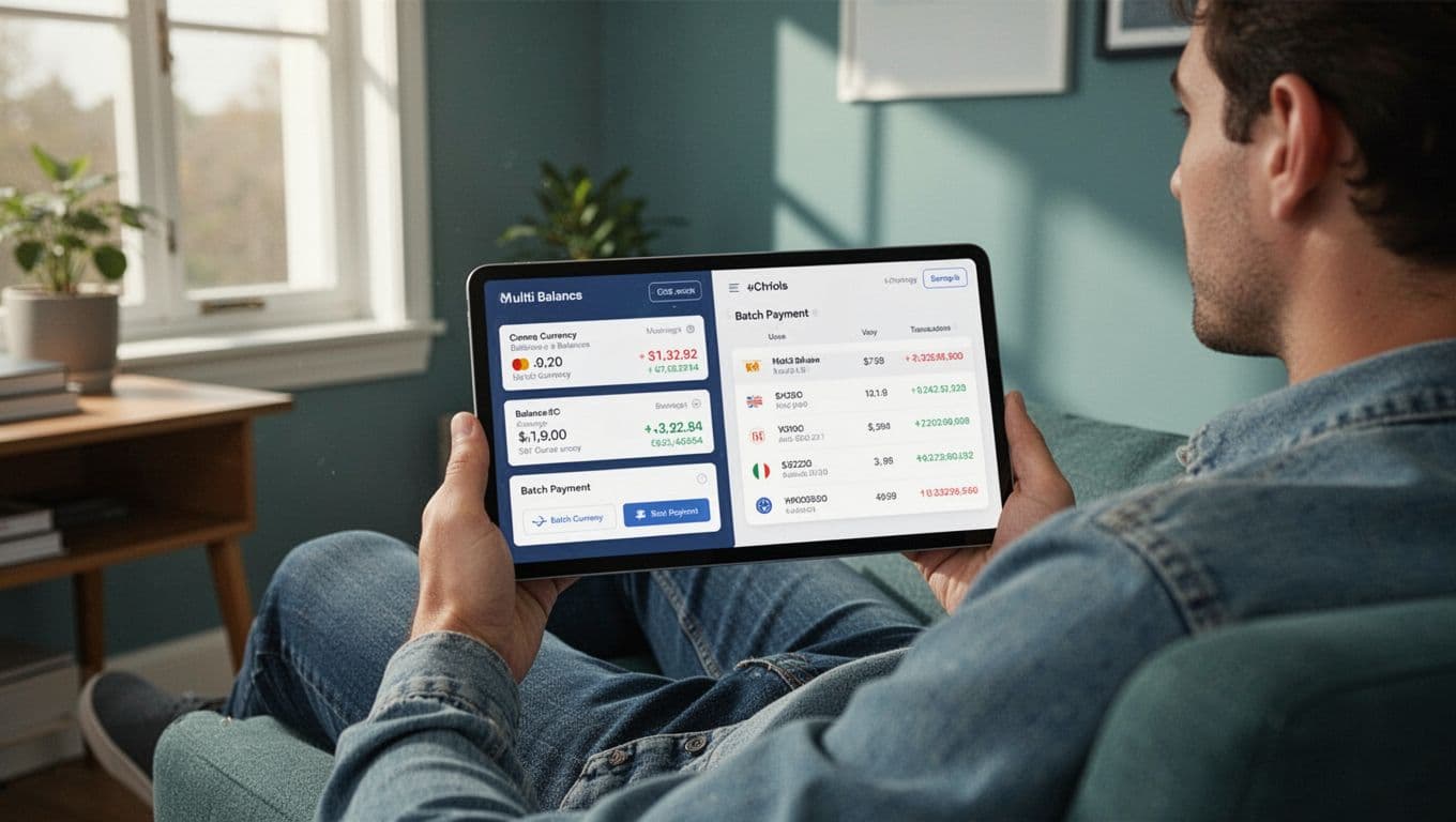 Modern illustration featuring a freelancer holding a tablet with split-view dashboards: Wise showing multi-currency balances and batch payments on the left, PayPal transaction history on the right, set in a cozy home office.