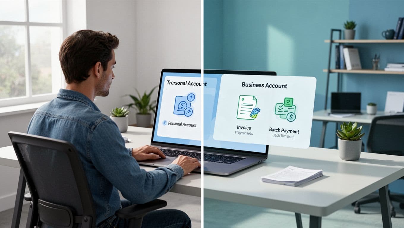 Illustration of a freelancer at a modern desk with a laptop open to a split-screen view: one side showing Wise personal account dashboard with simple transfers, the other business account with invoices and batch payments icons. Clean office setting, balanced composition, modern style with blues and greens.
