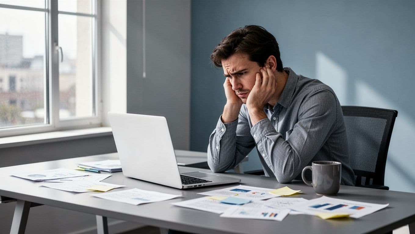 Modern illustration of one marketer at an office desk, head resting on hand, staring frustrated at a blank laptop screen with scattered notes and coffee mug nearby, in muted blues and grays under soft window light.