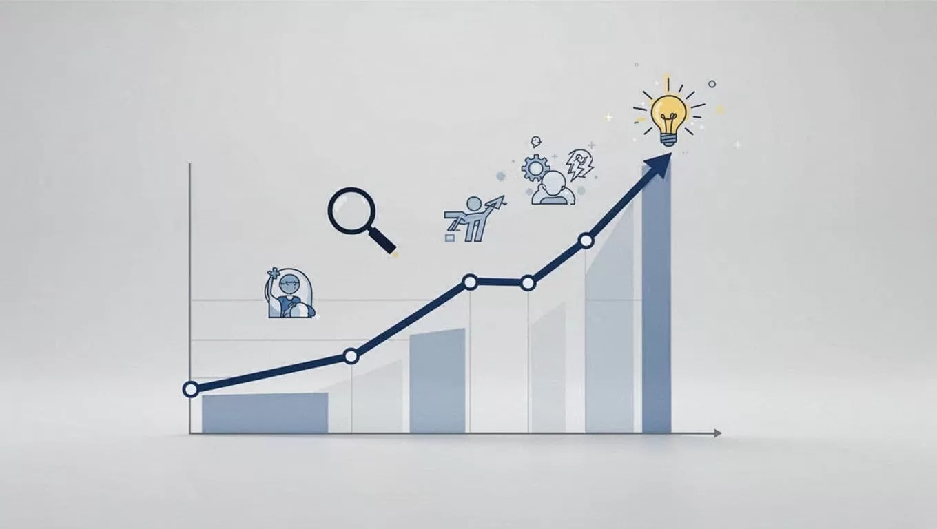 Modern minimalist illustration of a sharply rising trend curve graph for functional fitness franchises, featuring simple line chart with icons for search volume and social mentions on a clean background.