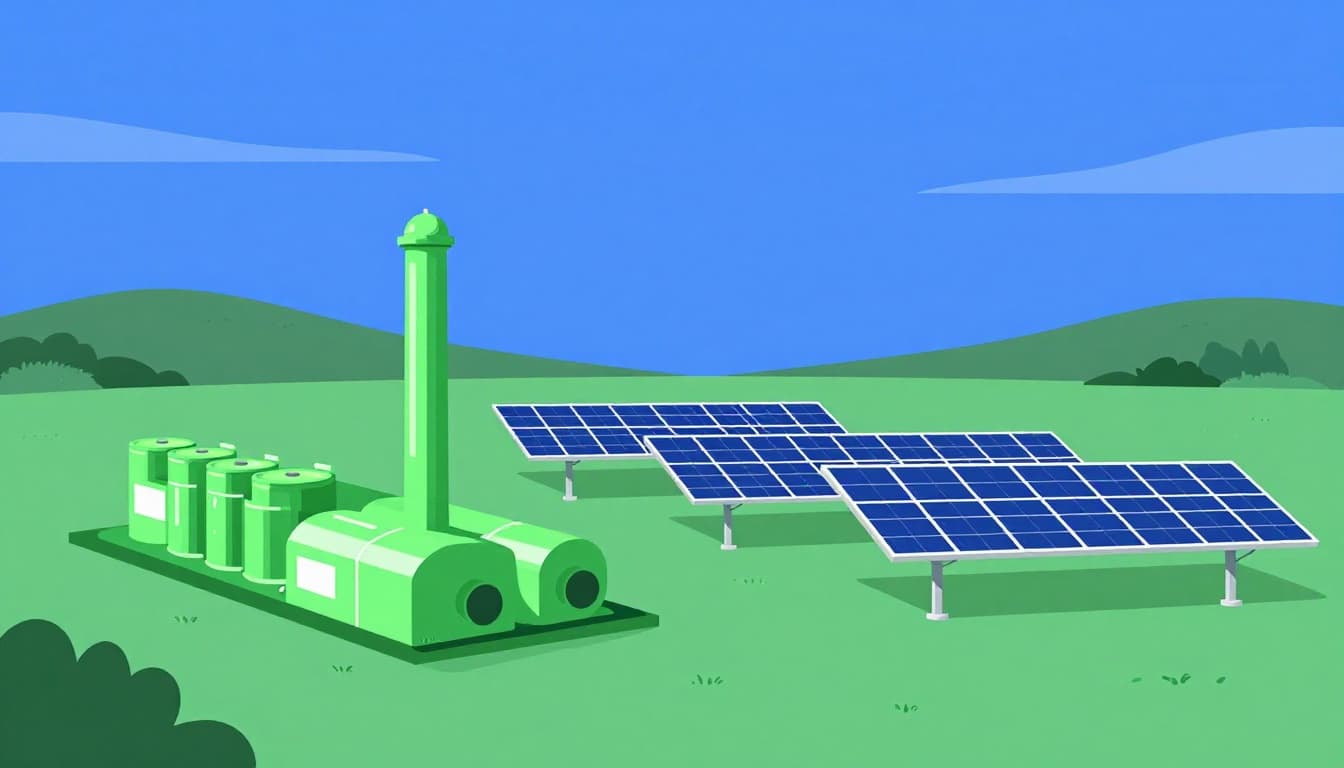 Modern illustration featuring icons of a green hydrogen plant, advanced battery storage, and floating solar panels in a futuristic clean energy landscape at dusk with a blue-green palette.
