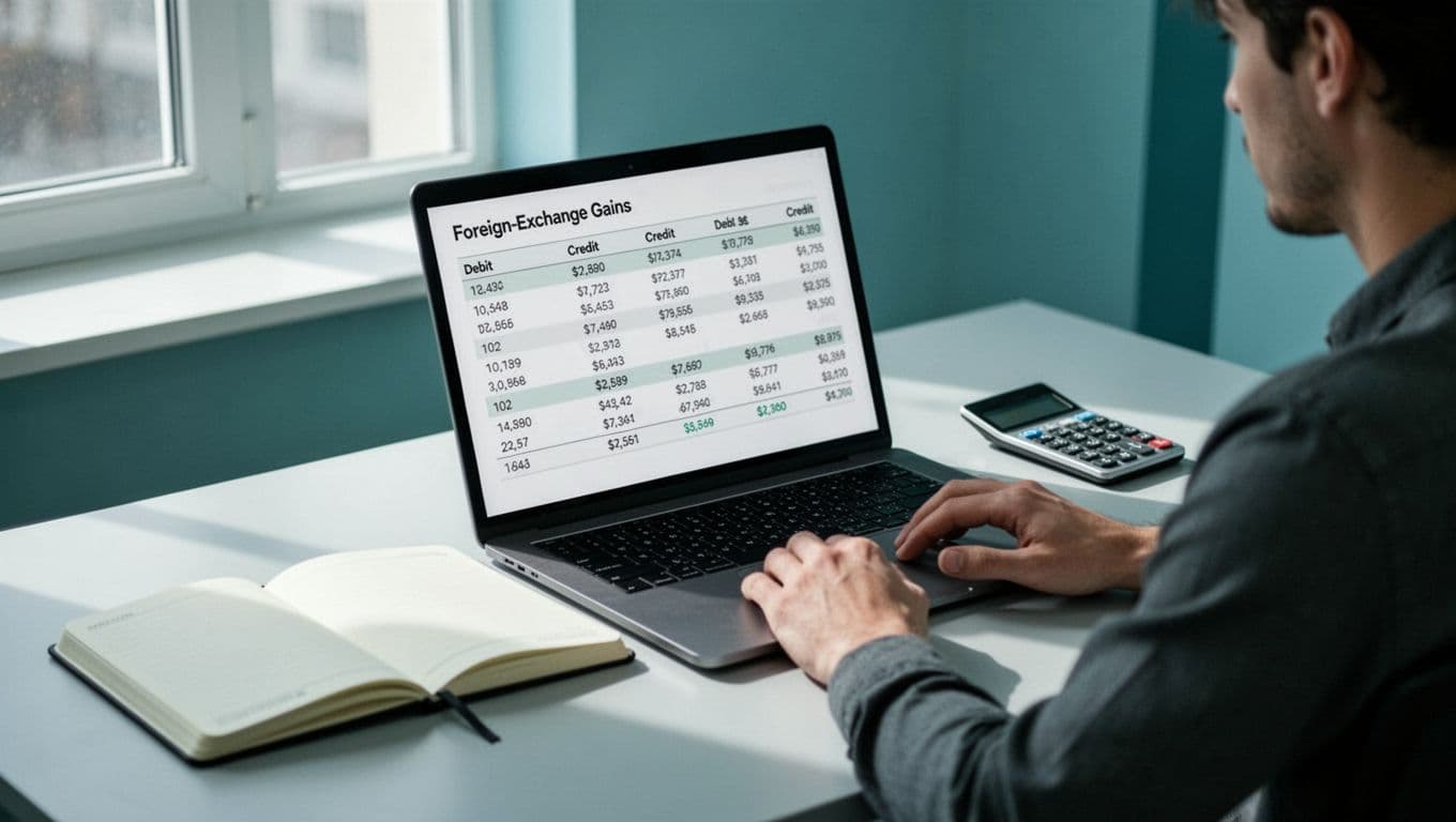 Modern illustration of a journal entry table on a laptop screen featuring debit and credit columns for FX gain and currency conversion, with a notebook and calculator beside it. One person views the screen from the side with relaxed hands, using clean shapes, blue-green tones, and focused landscape composition.