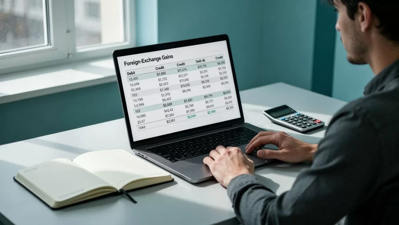 Modern illustration of a journal entry table on a laptop screen featuring debit and credit columns for FX gain and currency conversion, with a notebook and calculator beside it. One person views the screen from the side with relaxed hands, using clean shapes, blue-green tones, and focused landscape composition.