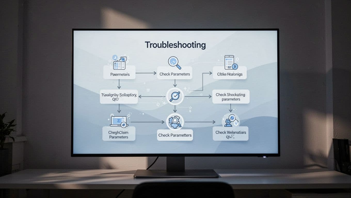 Modern illustration of troubleshooting flow for GA4 A/B testing issues in Mida.so, shown as a flowchart on a large monitor with arrows to fixes, in a dim room with screen glow.