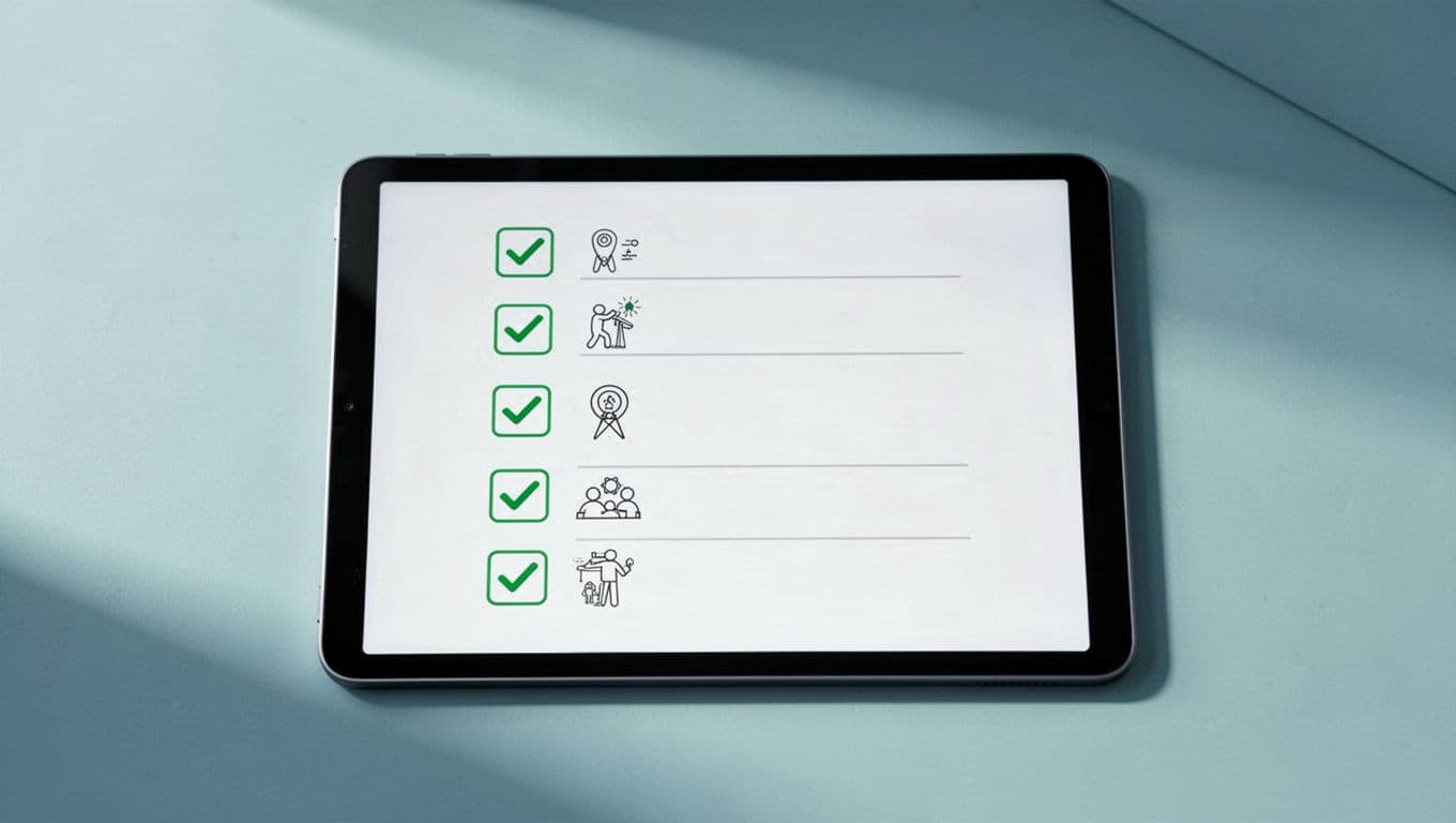 Modern illustration of a verification checklist for GA4 events in Mida.so, shown on a tablet screen with checkmarks next to event names like 'experiment_viewed', set against a minimalist workspace background in blue-green tones.