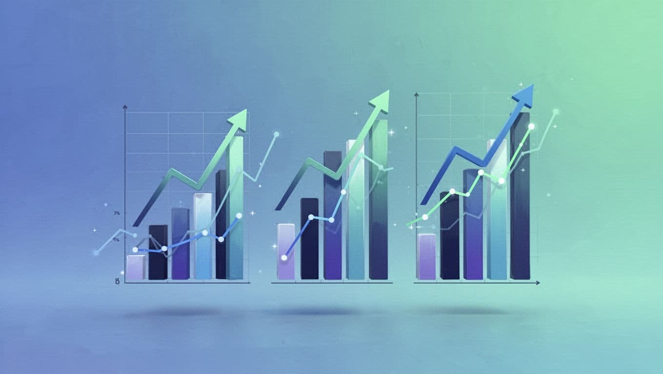 Modern illustration featuring three abstract rising trend graphs and charts in cool blue and green tones, showing explosive growth in gaming platforms metrics like search volume, developer adoption, and funding.