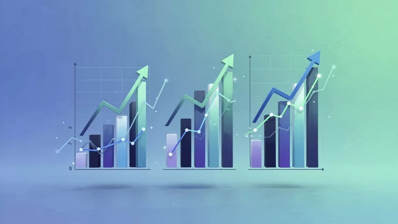 Modern illustration featuring three abstract rising trend graphs and charts in cool blue and green tones, showing explosive growth in gaming platforms metrics like search volume, developer adoption, and funding.