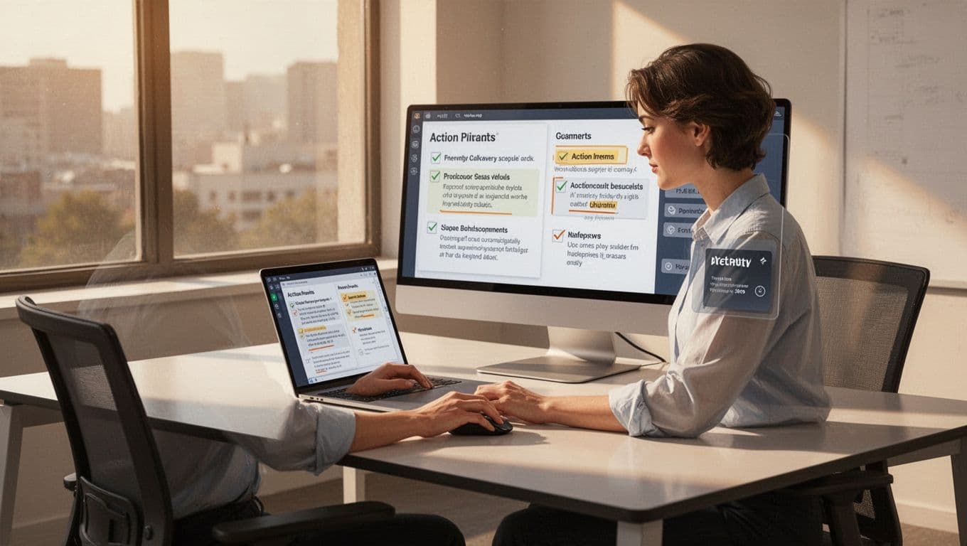 Modern illustration of a person at a desk using Gmail with Gemini AI side panel summarizing email thread and highlighting action items, relaxed pose in warm window light.